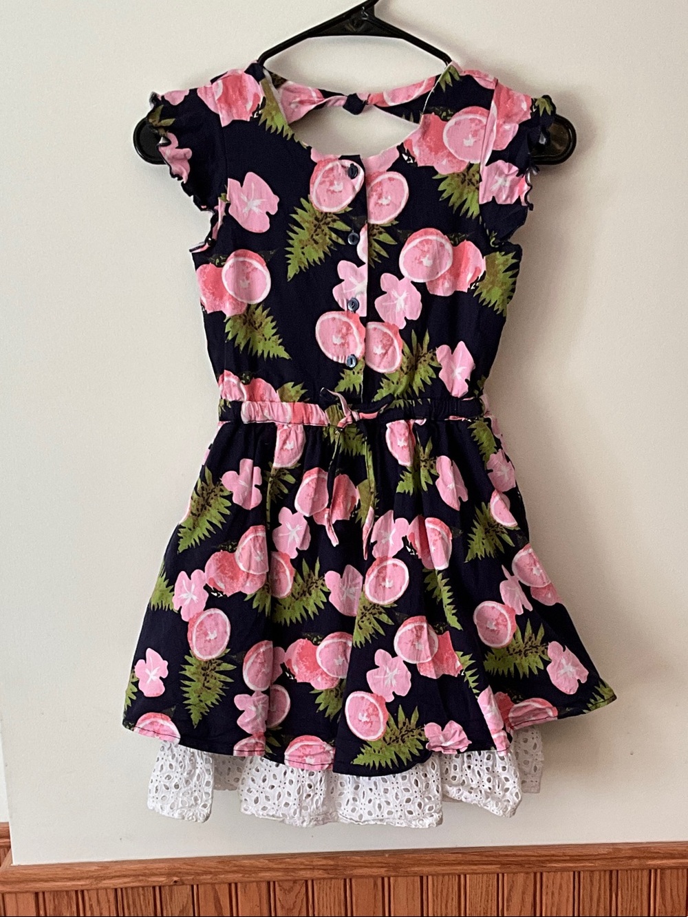 Navy Pink Floral Tie-Back Kids Dress with Lace Hem